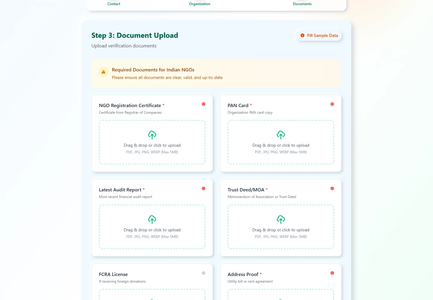Astha’s original NGO document upload stage captured locally