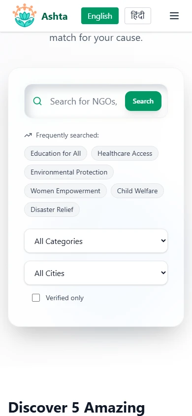 Astha NGO directory on a mobile viewport, captured locally