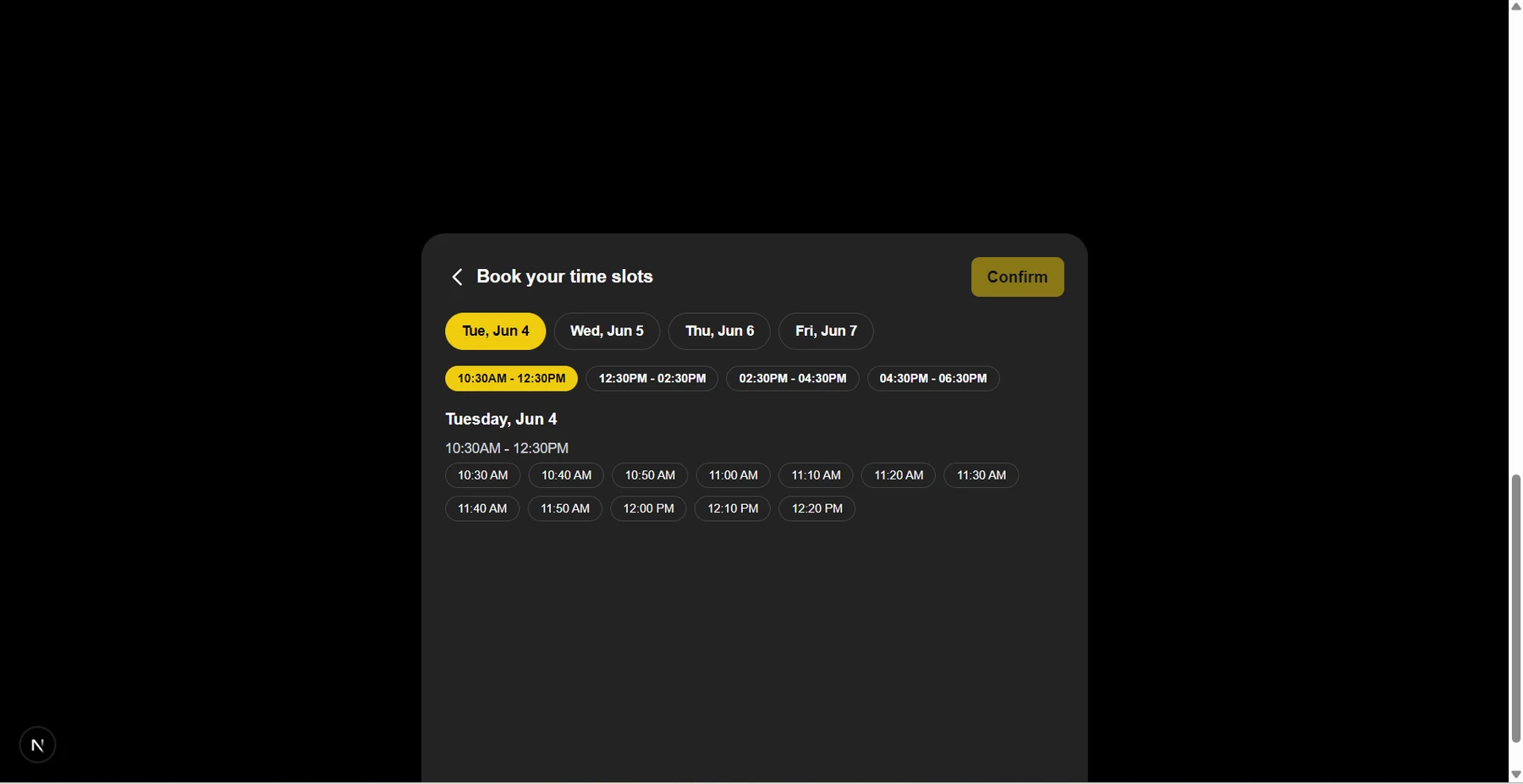 Original Paradox experience booking sheet with day controls, time windows, and individual slot selection