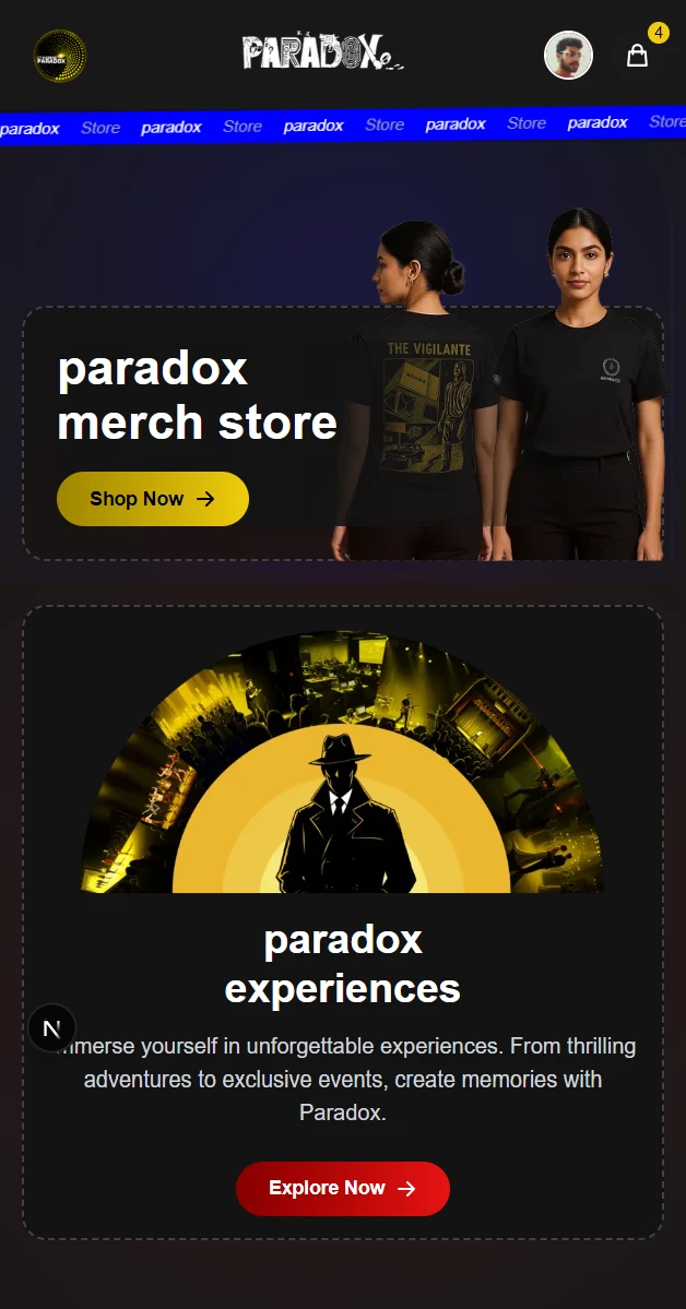 Original mobile Paradox storefront showing merchandise and experiences