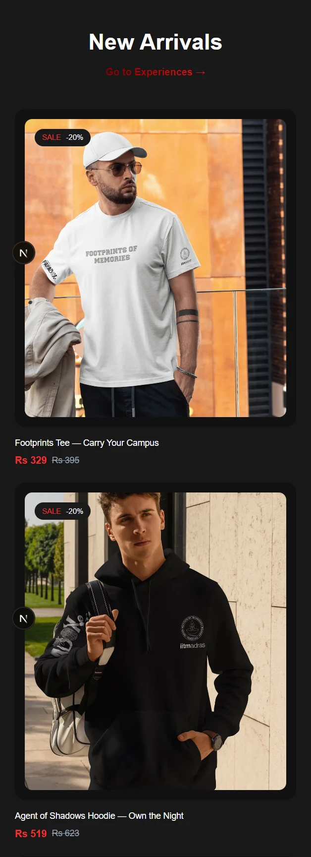 Mobile new arrivals catalog with product photography and prices