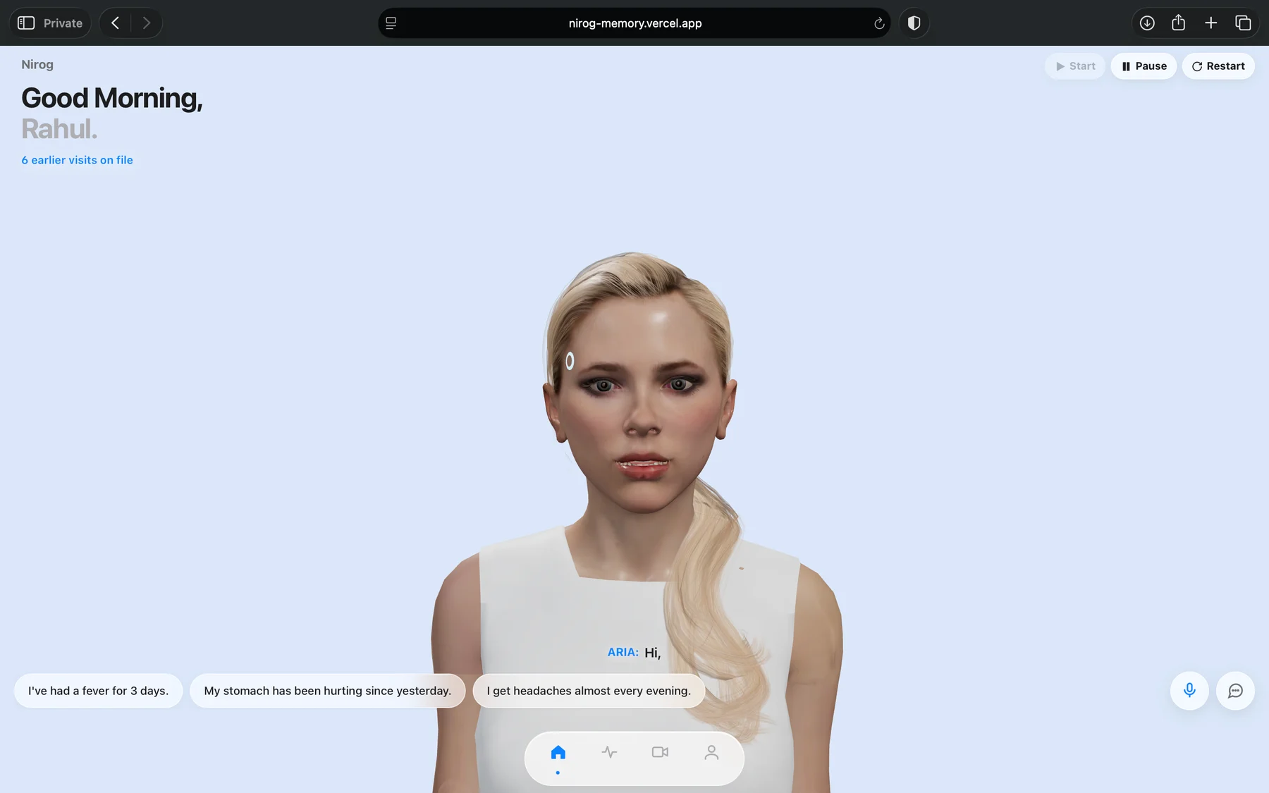 ARIA welcomes Rahul on the patient home screen